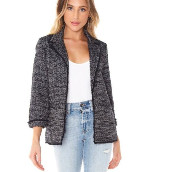 Revolve Cupcakes and Cashmere Gregory Tweed Fringe Blazer Jacket Black - Picture 1 of 9